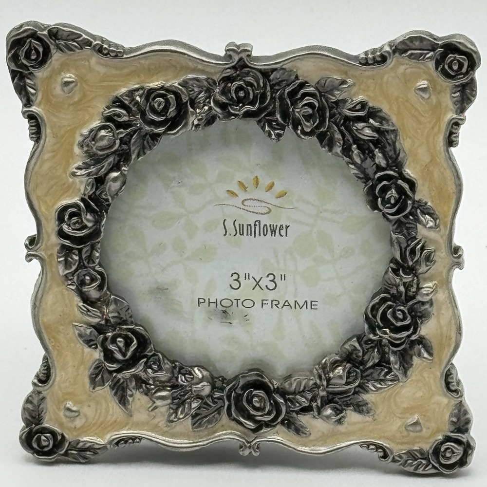 S Sunflower Designs 3x3 Rose Enamel Picture Frame Silver Floral Tabletop Decor